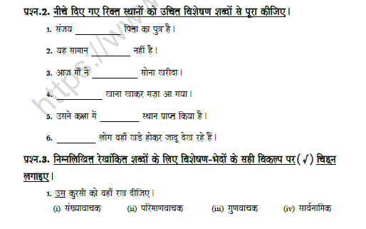 cbse class 8 hindi adjective worksheet set a
